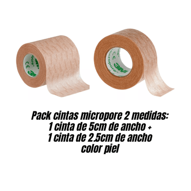 PACK X2 CINTAS 3M MICROPORE HERIDAS TELA 2.5CM + 5CM PIEL ADHESIVA - 2