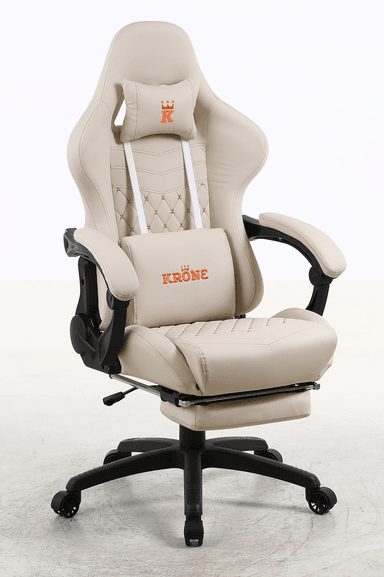 SILLA GAMER OFICINA KRONE XL + MASAJEADOR LUMBAR + APOYAPIÉS - BLANCA - 1