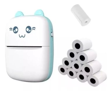 MINI IMPRESORA TÉRMICA PORTÁTIL BLUETOOTH GATITO + 11 ROLLOS CELESTE - 1