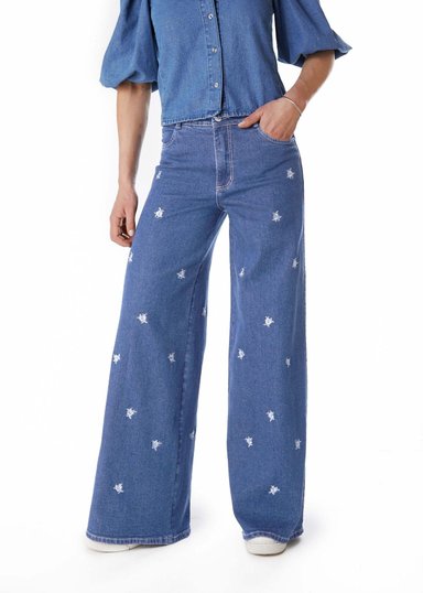 JEANS GAEL PALAZZO FLORES BORDADAS AZUL EFESIS - 1