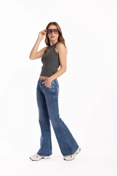 JEANS WINGS FLARE BORDADO ALAS AZUL MEDIO EFESIS - 1