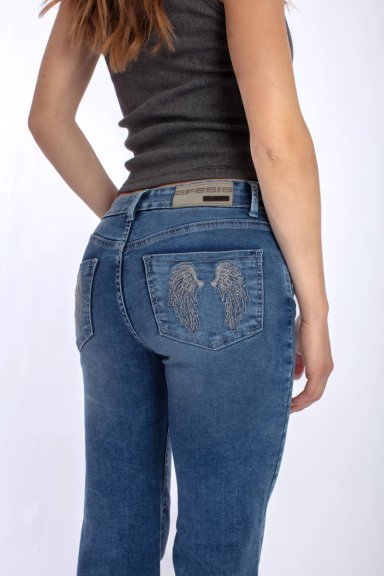 JEANS WINGS FLARE BORDADO ALAS AZUL MEDIO EFESIS - 5