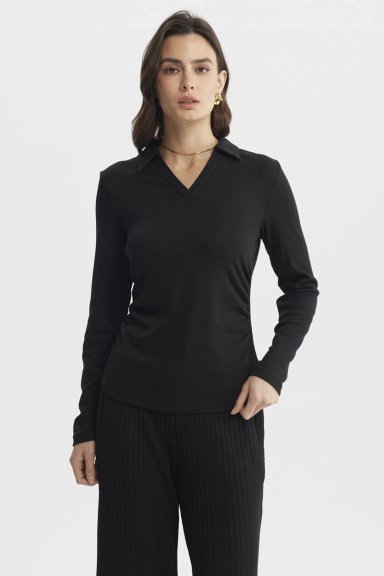POLERA MUJER CUELLO CAMISERO NEGRO - 1