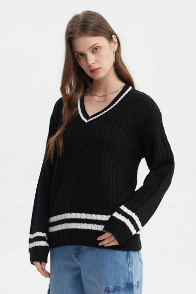 SWEATER MUJER CUELLO V RAYAS NEGRO - 2
