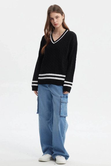 SWEATER MUJER CUELLO V RAYAS NEGRO - 4