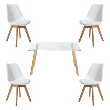 COMEDOR MESA DE VIDRIO NORDICA 140X90 CM + 4 SILLAS TULIP BLANCAS - 1