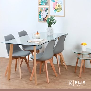 COMEDOR MESA DE VIDRIO NÓRDICA 140X90 CM + 4 SILLAS TULIP GRISES - 2