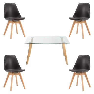 COMEDOR MESA DE VIDRIO NORDICA 140X90 CM + 4 SILLAS TULIP NEGRAS - 1