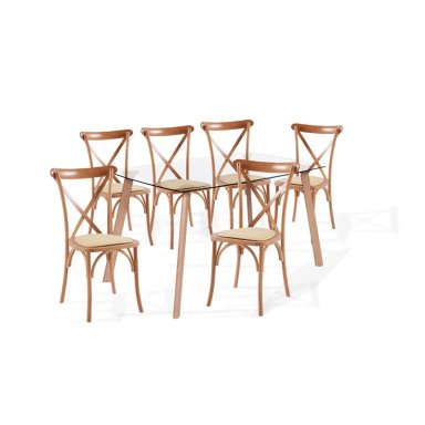 COMEDOR KLIK MUEBLES 4 CUERPOS VIDRIO CAFE CLARO MESA NÓRDICA 140X90 CM + 6 SILLAS CROSSBACK MADERA - 1