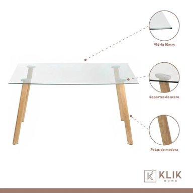COMEDOR KLIK MUEBLES 4 CUERPOS VIDRIO NEGRAS MESA NÓRDICA 140X90CM + 6 SILLAS CROSSBACK MADERA - 3