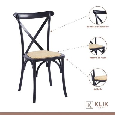 COMEDOR KLIK MUEBLES 4 CUERPOS VIDRIO NEGRAS MESA NÓRDICA 140X90CM + 6 SILLAS CROSSBACK MADERA - 4