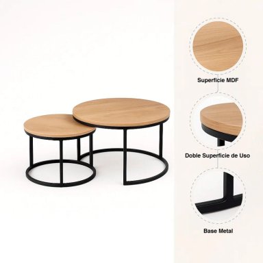 JUEGO MESAS CENTRO KLIK MUEBLES ANIDADAS MADERA CLARA METAL - 5