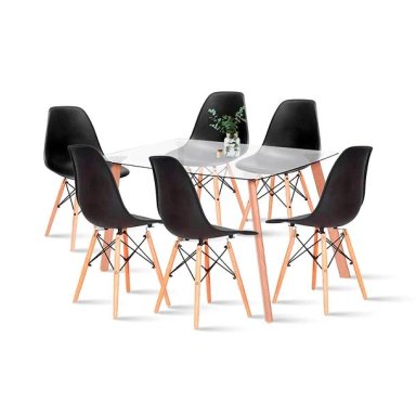 COMEDOR MESA DE VIDRIO NORDICA 140X90 CM + 6 SILLAS EAMES NEGRAS - 1