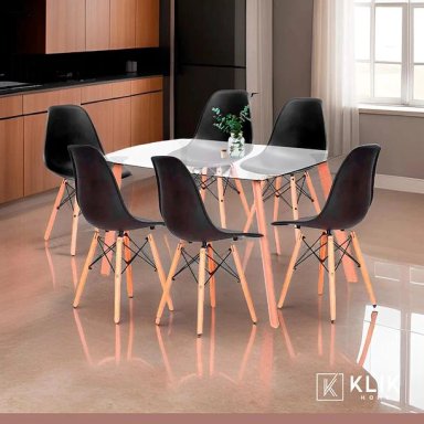 COMEDOR MESA DE VIDRIO NORDICA 140X90 CM + 6 SILLAS EAMES NEGRAS - 2