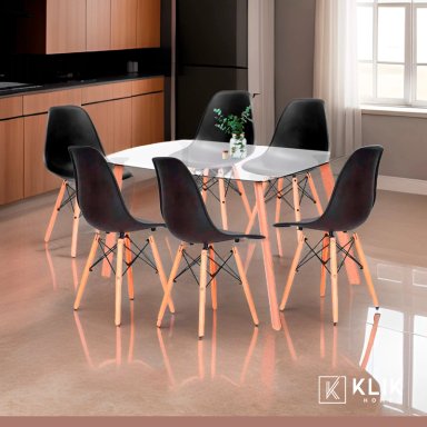 COMEDOR MESA DE VIDRIO NORDICA 140X90 CM + 6 SILLAS EAMES NEGRAS - 9