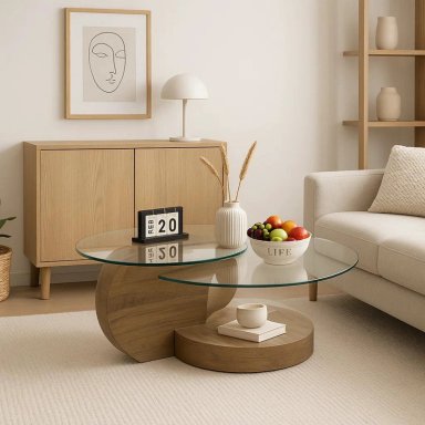 MESA DE CENTRO DUOGLASS CON BASES DE MADERA Y SUPERFICIE DE VIDRIO - 3