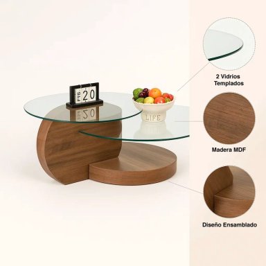MESA DE CENTRO DUOGLASS CON BASES DE MADERA Y SUPERFICIE DE VIDRIO - 5