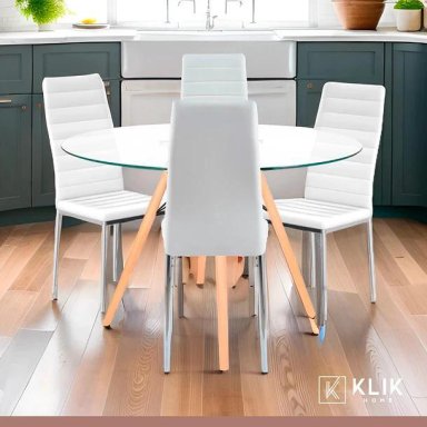 COMEDOR MESA EAMES 100CM REDONDA VIDRIO + 4 SILLAS DINING LIANA ACOLCHADAS - BLANCAS - 2