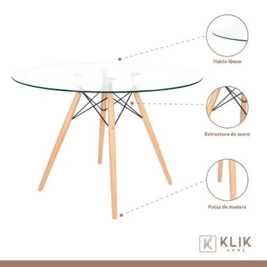 COMEDOR MESA EAMES 100CM REDONDA VIDRIO + 4 SILLAS DINING LIANA ACOLCHADAS - BLANCAS - 3