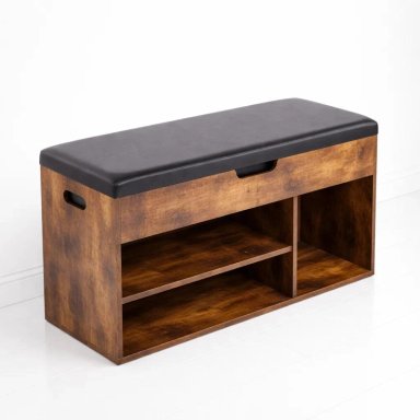 BANCO ZAPATERO DE MADERA RUSTICA CON ASIENTO ACOLCHADO Y BAUL DE ALMACENAJE - 1