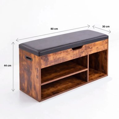 BANCO ZAPATERO DE MADERA RUSTICA CON ASIENTO ACOLCHADO Y BAUL DE ALMACENAJE - 4