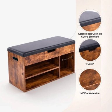 BANCO ZAPATERO DE MADERA RUSTICA CON ASIENTO ACOLCHADO Y BAUL DE ALMACENAJE - 5
