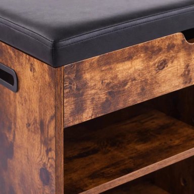 BANCO ZAPATERO DE MADERA RUSTICA CON ASIENTO ACOLCHADO Y BAUL DE ALMACENAJE - 6
