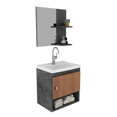 KIT MUEBLE BAÑO AEREO CON 1 PUERTA MARMOL LUNAR/ALMENDRA+ ESPEJO CON DOS REPISAS - 1