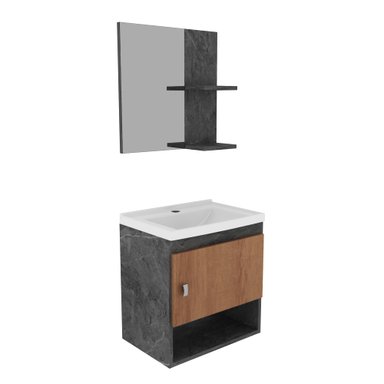 KIT MUEBLE BAÑO AEREO CON 1 PUERTA MARMOL LUNAR/ALMENDRA+ ESPEJO CON DOS REPISAS - 3