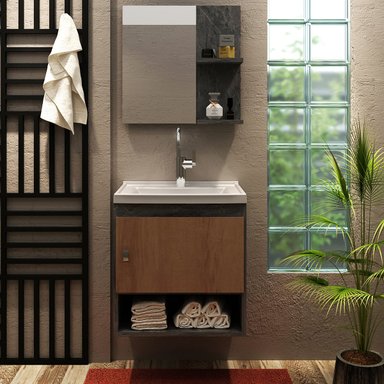KIT MUEBLE BAÑO AEREO CON 1 PUERTA MARMOL LUNAR/ALMENDRA+ ESPEJO CON DOS REPISAS - 4