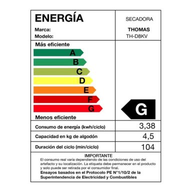 SECADORA DE ROPA 8 KG CARGA FRONTAL CON EVACUACION THOMAS TH-D8KV - 9