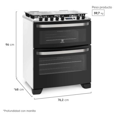 COCINA A GAS 5 PLATOS DOBLE HORNO ELEXTROLUX 76DBA NEGRA - 6