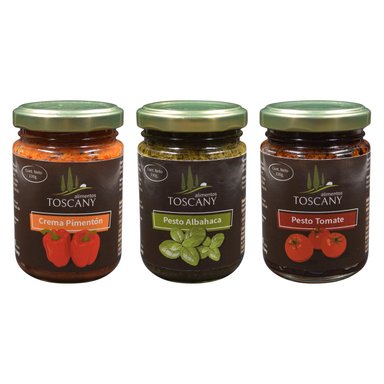 PACK TRIO PESTOS GOURMET: ALBAHACA NUEZ, TOMATE DESHIDRATADO Y PIMENTÓN ASADO. - 1