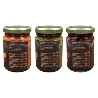 PACK TRIO PESTOS GOURMET: ALBAHACA NUEZ, TOMATE DESHIDRATADO Y PIMENTÓN ASADO. - 2
