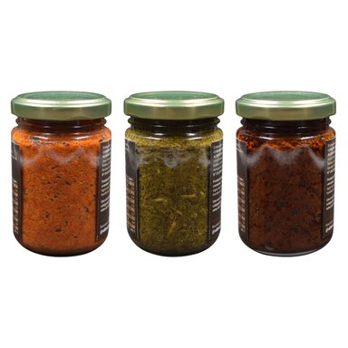 PACK TRIO PESTOS GOURMET: ALBAHACA NUEZ, TOMATE DESHIDRATADO Y PIMENTÓN ASADO. - 3