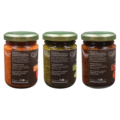 PACK TRIO PESTOS GOURMET: ALBAHACA NUEZ, TOMATE DESHIDRATADO Y PIMENTÓN ASADO. - 4