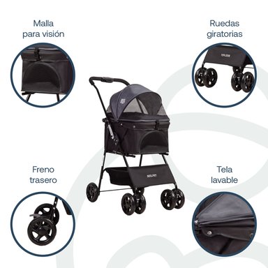 COCHE MASCOTAS PLEGABLE EASY PERRO GATO NEGRO BEEPET BEBESIT - 3