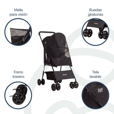 COCHE MASCOTA PLEGABLE LIGHT PERRO GATO EN COLOR NEGRO BEEPET BEBESIT - 3
