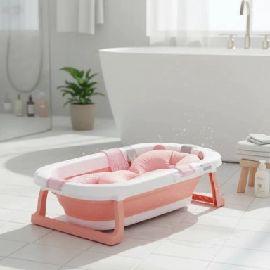 BAÑERA PLEGABLE BEBE CON COJIN ALMOHADA Y REDUCTOR ROSADA - 2