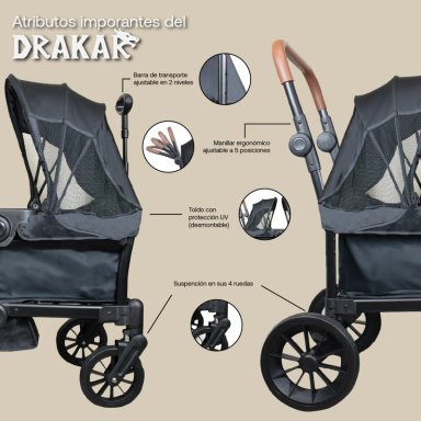 COCHE Y CARRO DE PASEO DOBLE WAGON DRAKAR NEGRO - 3