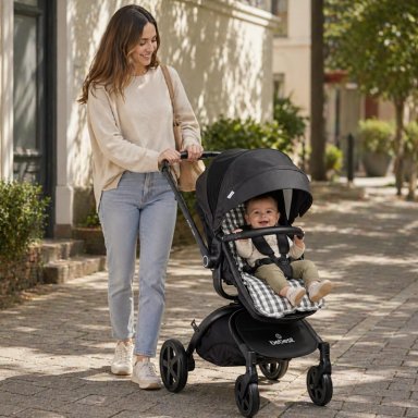 COJIN UNIVERSAL COCHE PASEO DISEÑO CUADROS GRIS 40 X 80 CM - 4