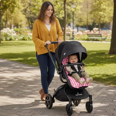 COJIN UNIVERSAL COCHE PASEO DISEÑO CUADROS ROSADO 40 X 80 CM - 4