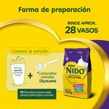 LECHE EN POLVO SEMIDESCREMADA NESTLÉ 700 GR 2 UN BOLSA NIDO SIN LACTOSA - 3