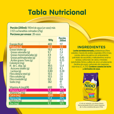 LECHE EN POLVO SEMIDESCREMADA NESTLÉ 700 GR 2 UN BOLSA NIDO SIN LACTOSA - 4