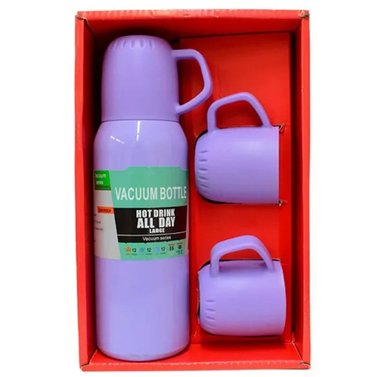 SER TERMO DE ACERO INOXIDABLE 500ML +  3 TAZAS - LILA - 1