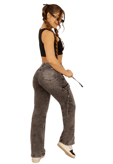 JEANS ALGODÓN FLARE MUJER DIRTY JEANS GRIS JE3702G CARGO - 2