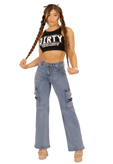 JEANS ALGODÓN MOM MUJER DIRTY JEANS CELESTE JE3705C CARGO ANCHO - 1