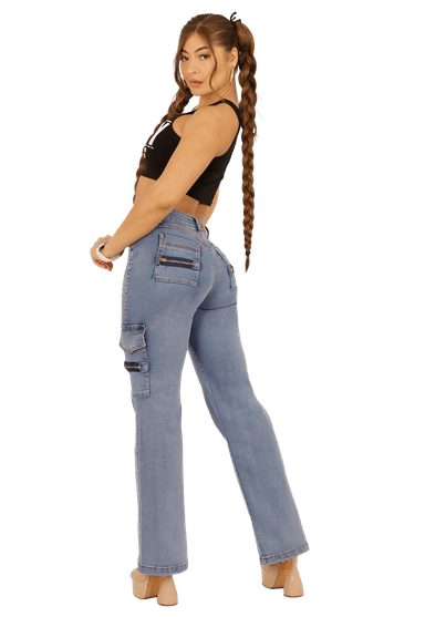 JEANS ALGODÓN MOM MUJER DIRTY JEANS CELESTE JE3705C CARGO ANCHO - 2