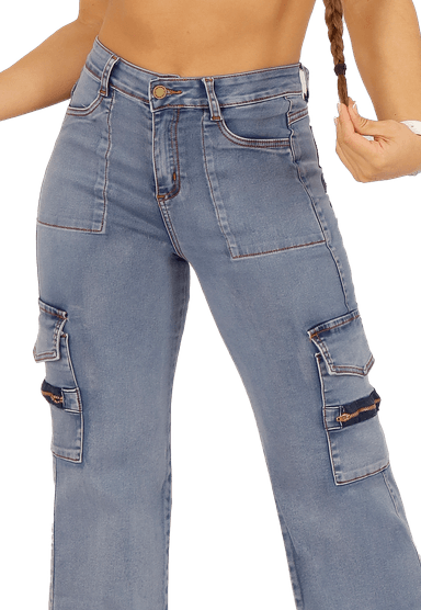 JEANS ALGODÓN MOM MUJER DIRTY JEANS CELESTE JE3705C CARGO ANCHO - 3