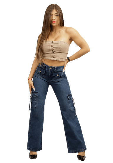 JEANS CARGO RECTO AZUL MUJER 3743A - 1